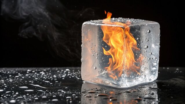 Fire and Ice: A captivating juxtaposition of elements, a cube of ice cradles a vibrant flame within. The contrast creates a visual spectacle of opposing forces.