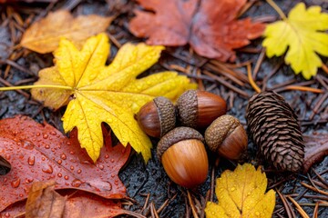 Autumn leaves acorns pine cone forest floor after rain