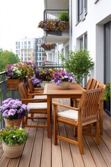 Fototapeta premium Balcony decorated with colorful flowers and wooden furniture