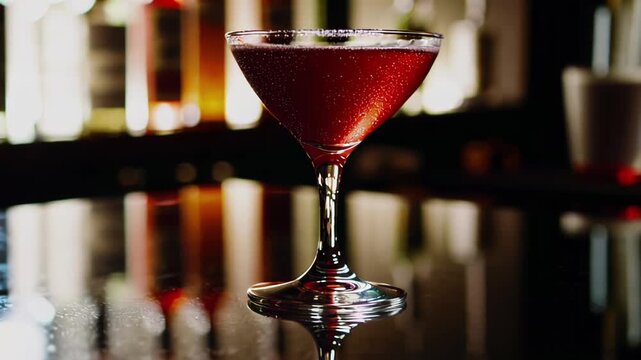 Red cocktail in elegant glass on bar counter with blurred background  