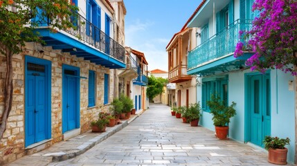 Fototapeta premium Cobblestone street winding through colorful mediterranean village houses