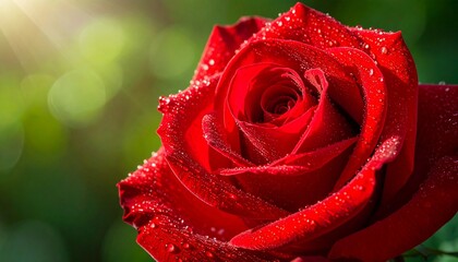 Macro shot of a vibrant red rose covered in fresh dew drops. Beautiful floral background with soft bokeh and morning sun rays. Romantic and elegant nature photography for greeting cards.
