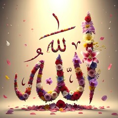 Stunning depiction of the word Allah in vibrant floral calligraphy, featuring an array of colorful blossoms and scattered petals, symbolizing divine beauty and spiritual grace