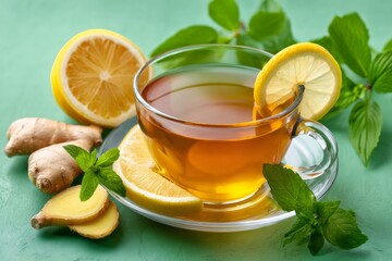 Ginger lemon mint tea in glass cup promoting healthy lifestyle