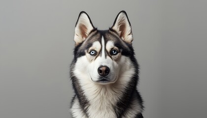 Portrait of a majestic Siberian Husky dog with blue eyes looking at camera, isolated on grey background