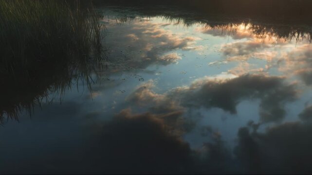 Calm water reflections at sunset with clouds and grass on banks  