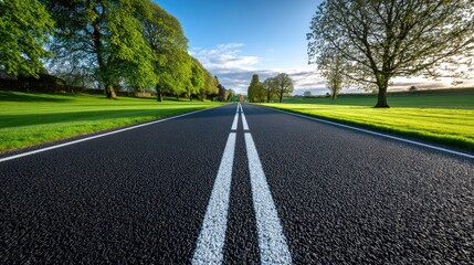 Empty asphalt highway stretches into the distance between lines of vibrant green trees under a bright sky