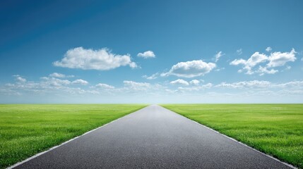 Straight asphalt road extends towards the horizon across a vast green landscape under a bright blue sky.