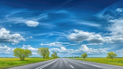 Open highway stretches toward the horizon under a dramatic blue sky filled with wispy and cumulus clouds