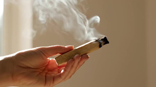 Hand holding burning palo santo wood with rising smoke