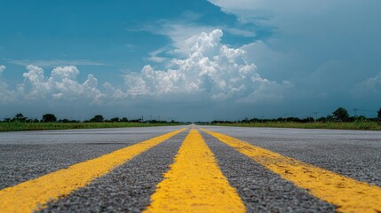 Two bright yellow lines converge dramatically down the center of an asphalt surface toward the horizon under a blue and cloudy sky.