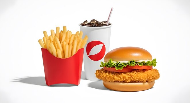 Crispy fried chicken sandwich, golden french fries, and a cold soda cup form a classic fast food combo meal.