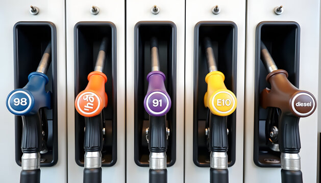 Row of colorful fuel pump nozzles at a gas station with different octane ratings