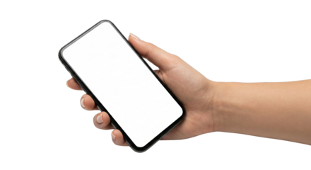 Hand Holding a Modern Smartphone with Blank White Screen Mockup for Your Content isolated on transparent background