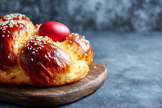 easter bread display, greek tsoureki sweet bread with red dyed eggs and sesame seeds on a rustic wooden board, soft morning light, spacious negative space on the right