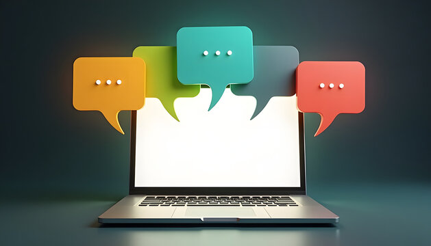 Laptop screen displaying colorful chat bubbles symbolizing online communication and discussion