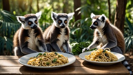 Obraz premium Three playful ring-tailed lemurs curiously eyeing plates of spaghetti in a vibrant, green forest setting.