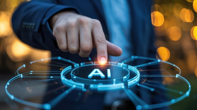 Hand pressing A I button on futuristic interface finger
