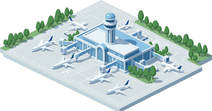 Isometric vector illustration of a modern airport terminal building with control tower airplanes on runway trees and passengers boarding through jet bridges.