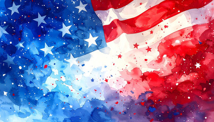 Patriotic watercolor illustration of the American flag with artistic paint splatters and stars.