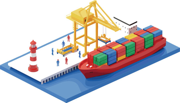 Isometric vector illustration of a large container ship docking at a port with industrial cranes lighthouse and workers for global shipping logistics.