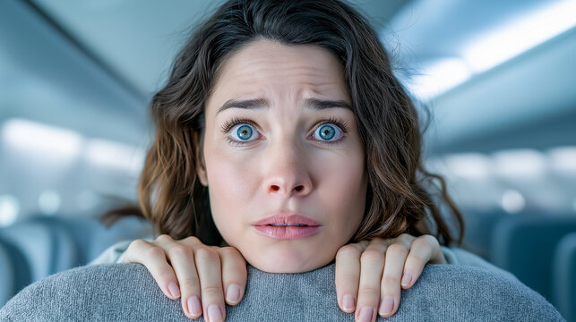 Portrait of a young woman with fear of flying, anxious expression during airplane travel, concept of aviophobia, flight anxiety, stress, emotional passenger experience and travel psychology