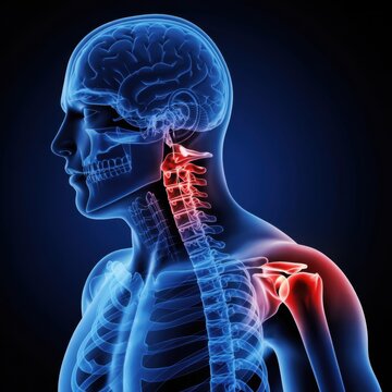 Human skeleton with highlighted spine and shoulder