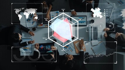 Business meeting with analytics and graphs, diverse professionals collaborating on data-driven strategies and visual presentations in a modern office environment Gluon.