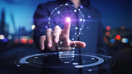 Man in dark suit holds glowing light bulb with network connections
