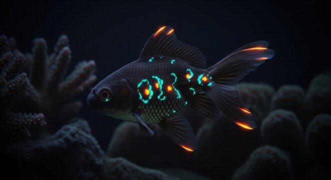 Glowing black fish with neon spots swimming near coral