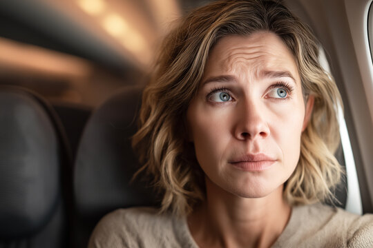 Portrait of a young woman with fear of flying, anxious expression during airplane travel, concept of aviophobia, flight anxiety, stress, emotional passenger experience and travel psychology