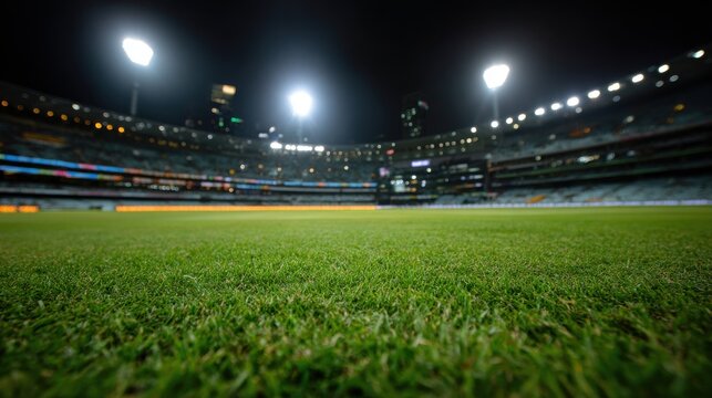 Low angle view of a sports stadium at night with lush green grass and bright floodlights