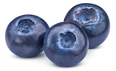 Obraz premium Three blueberry berries isolated on transparent. Ripe blueberry PNG. Blueberry full macro photo