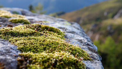 Close up view of lush green moss with morning dew droplets on a rocky surface in the mountains