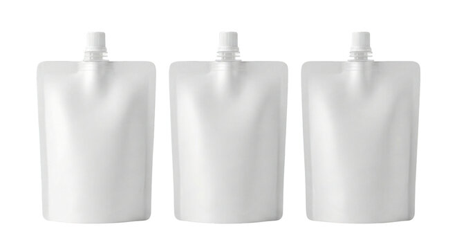 Three empty blank white spout pouches in a row for packaging liquids or powders isolated on transparent background