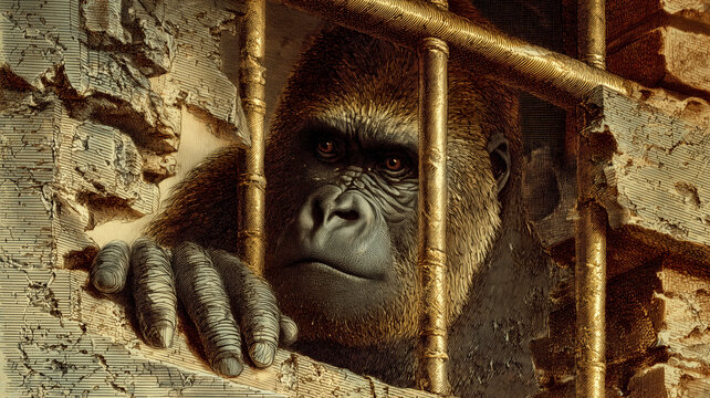 Captive Gorilla Portrait - Zoo Animal Behind Bars, Eyes Focused, Sad, Intense