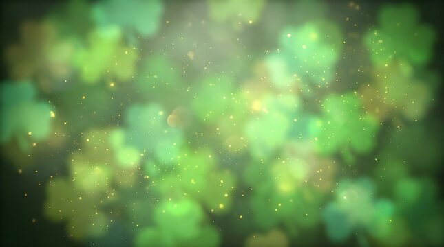 Shamrock bokeh background for St. Patrick's Day featuring blurred green clover shapes and glowing gold sparkles for festive Irish holiday celebration