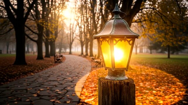A serene autumn park scene featuring a glowing lantern along a winding path surrounded by trees