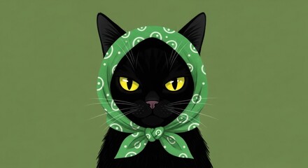 Obraz premium Black cat with green headscarf and yellow eyes on green background