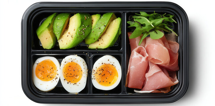Healthy meal box contains eggs, avocado, and prosciutto in a black container with separate compartments on a white background