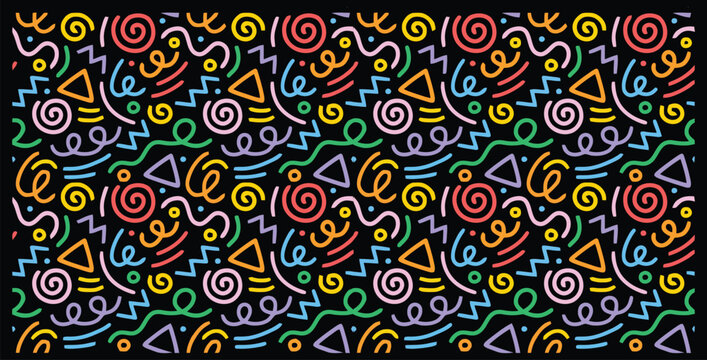 Vibrant abstract pattern featuring retro 1980s and 1990s style geometric shapes and colorful swirling lines creating a dynamic Memphis design aesthetic perfect for backgrounds