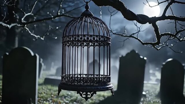 Eerie antique birdcage hangs suspended in a misty graveyard under a full moon evoking themes of confinement mystery and gothic horror for Halloween or dark fantasy projects