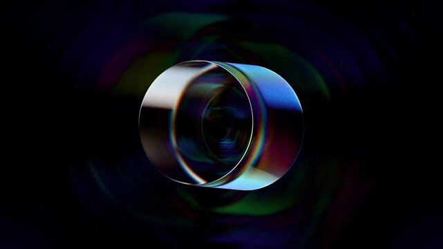 Looped dynamic animation of a cylinder shape made of liquid glass material. Animation with rays of light refraction with the effect of gradient color transition. Animation of a glass shape with the ef
