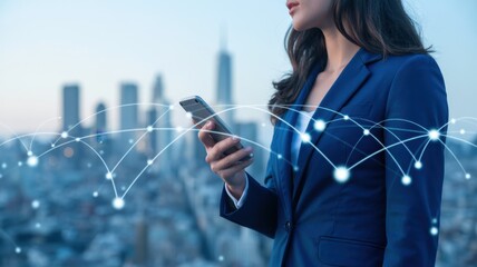 Woman in blue blazer holding smartphone with cityscape and network connections 1