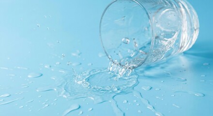 Clear glass pouring water spilling creating splashes and droplets on a light blue surface with a transparent background isolated on transparent background