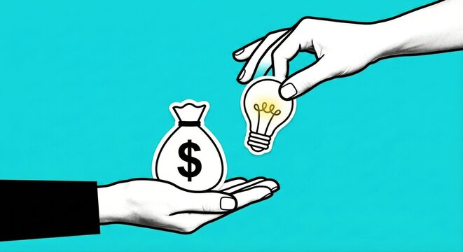 Hand exchanging money bag for lightbulb idea, conceptual illustration for investment, innovation, and startup financing