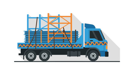 Fototapeta premium Blue Truck Transporting Construction Materials Flat Style Design