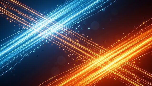 Dynamic abstract design with crossing lines in shades of orange and blue, with bokeh