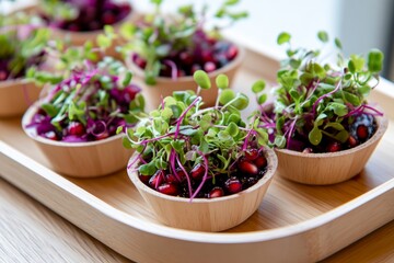 Healthy salad with microgreens and pomegranate in bowls, styled with daylight and wooden texture. Concept: freshness, natural food, minimalism.