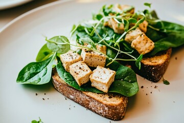 Healthy vegan toast topped with seasoned tofu cubes, fresh spinach leaves, and microgreens on crisp bread, representing plant-based minimalism and mindful eating concept.
